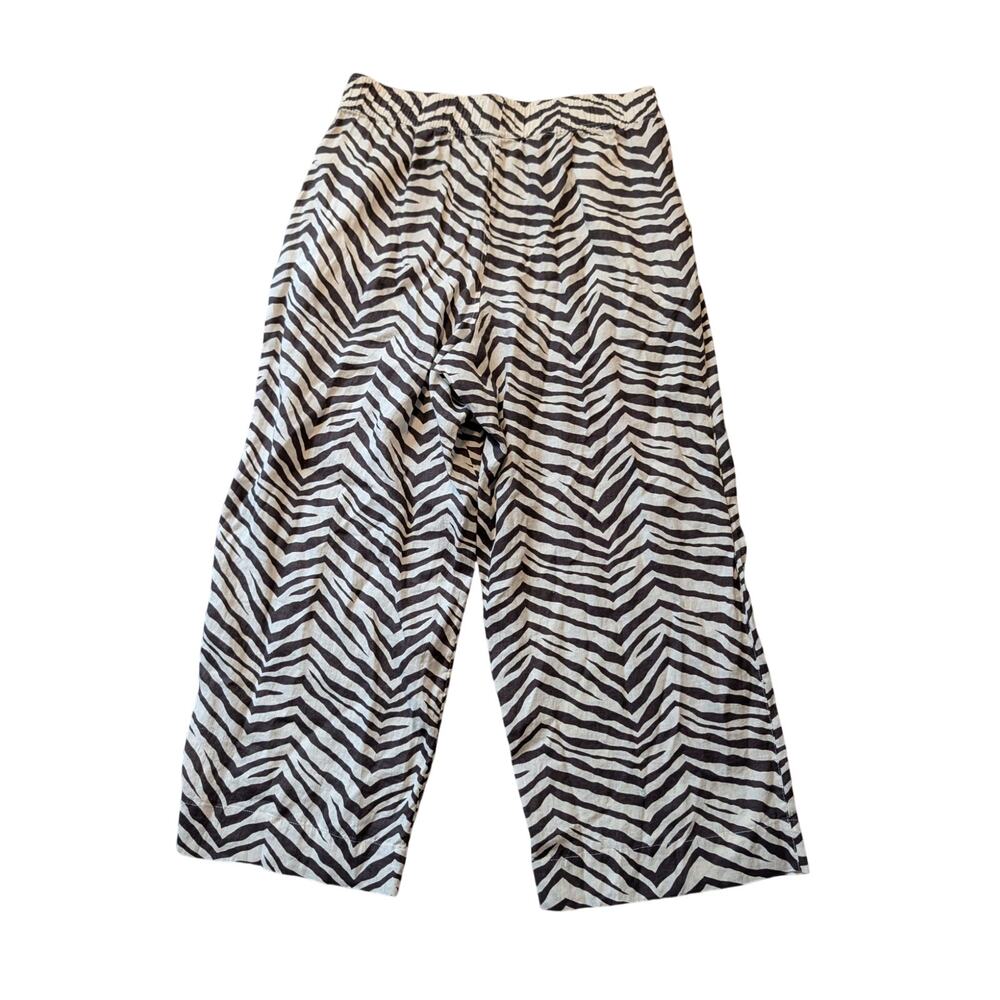Tahari Women’s Zebra Print Linen Wide Leg Pants Size L Brown White Elastic Waist